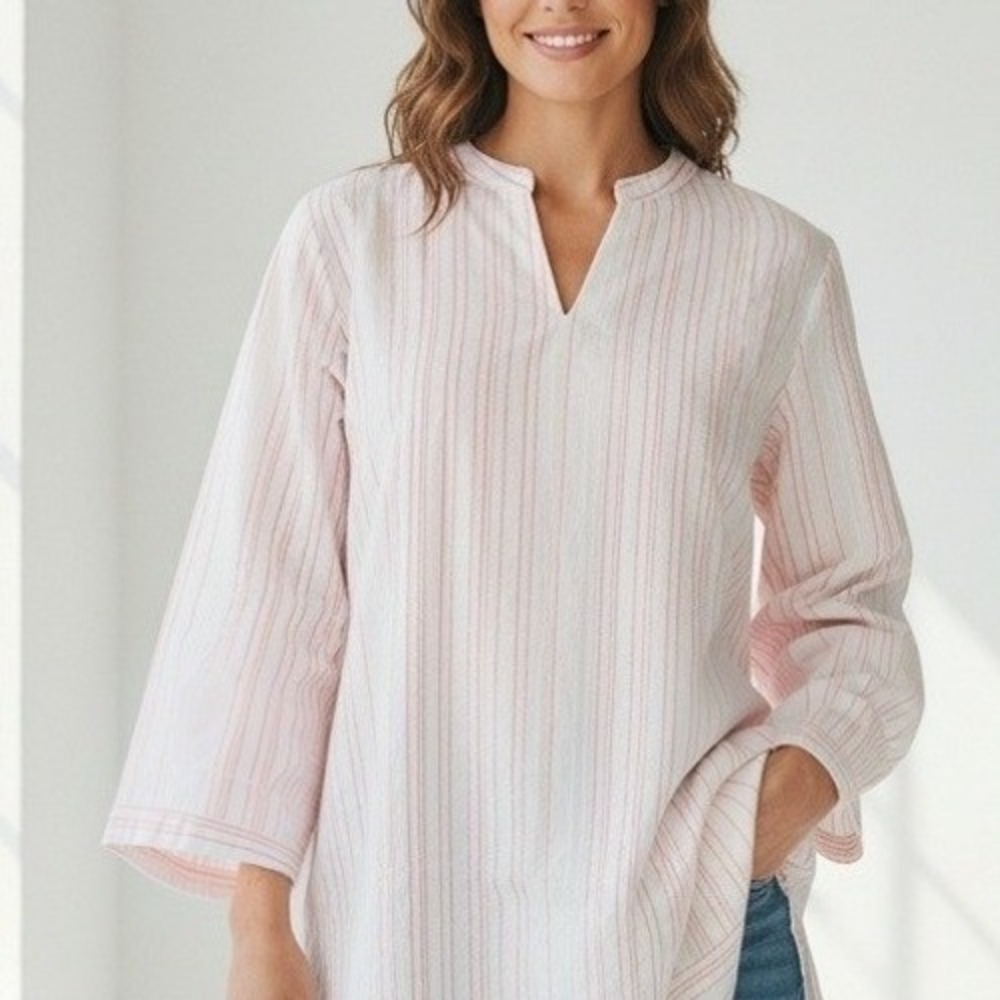 UNTUCKit Durfort Tunic Top Womens 14 White Coral Striped Cotton Split Neck NWT